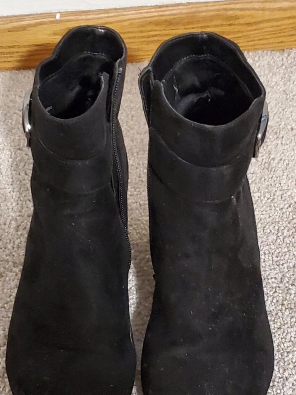 Black Faux Suede Ankle Boots Side Buckle Zipper Booties